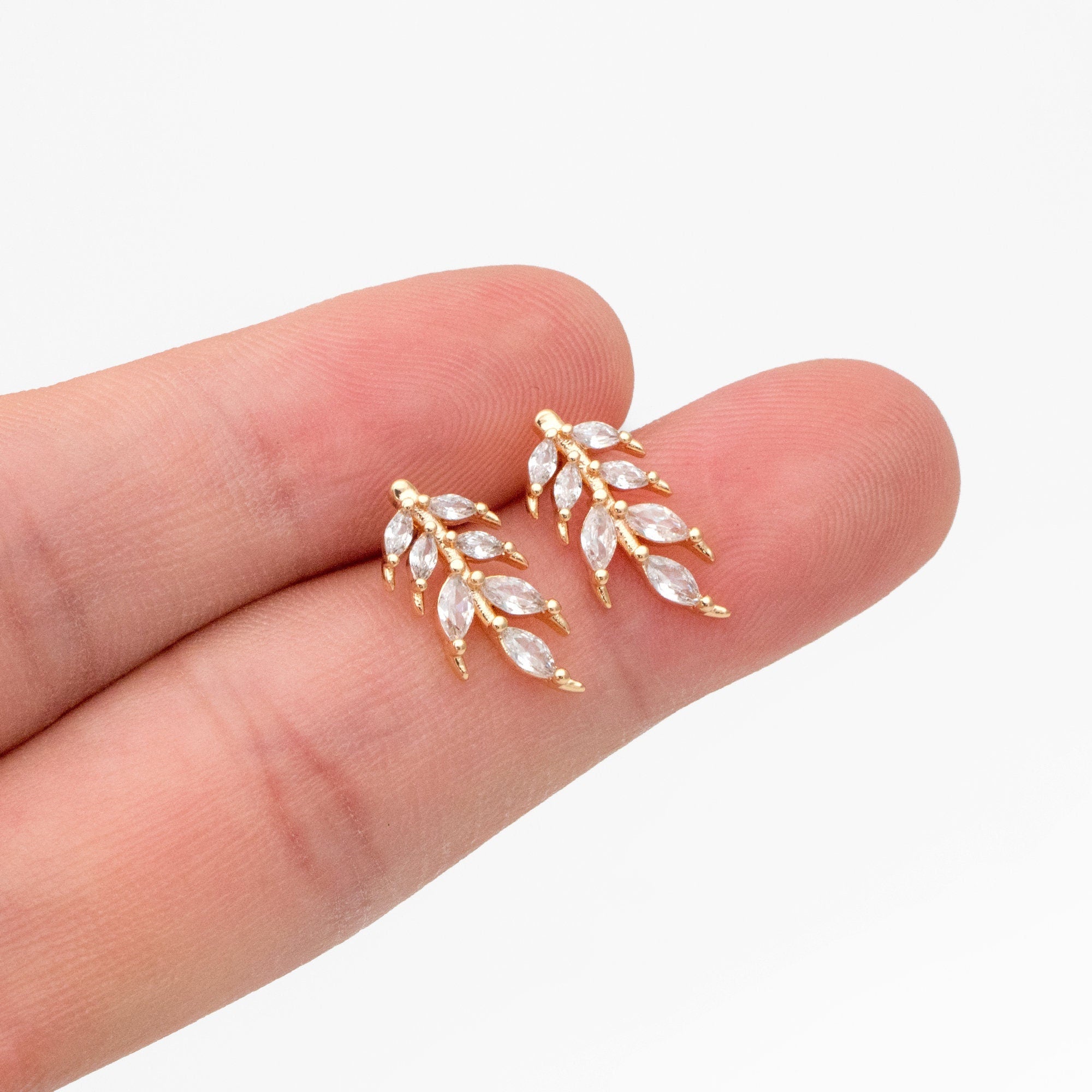 4pcs CZ Pave Gold Leaf Earring Posts, Gold Plated Brass, Dainty Leaf Stud Earrings (GB-3698)